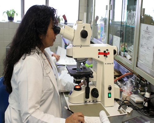 scientist working in laboratory environment analyzing tech